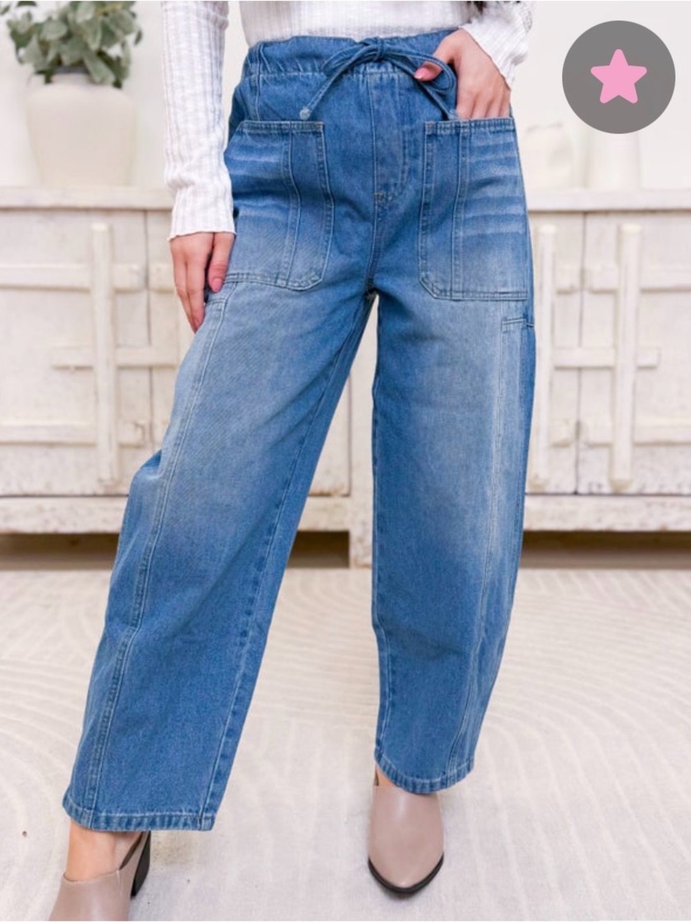 Bibi Casual Drawstring Denim Barrel Jeans - Blue Wash